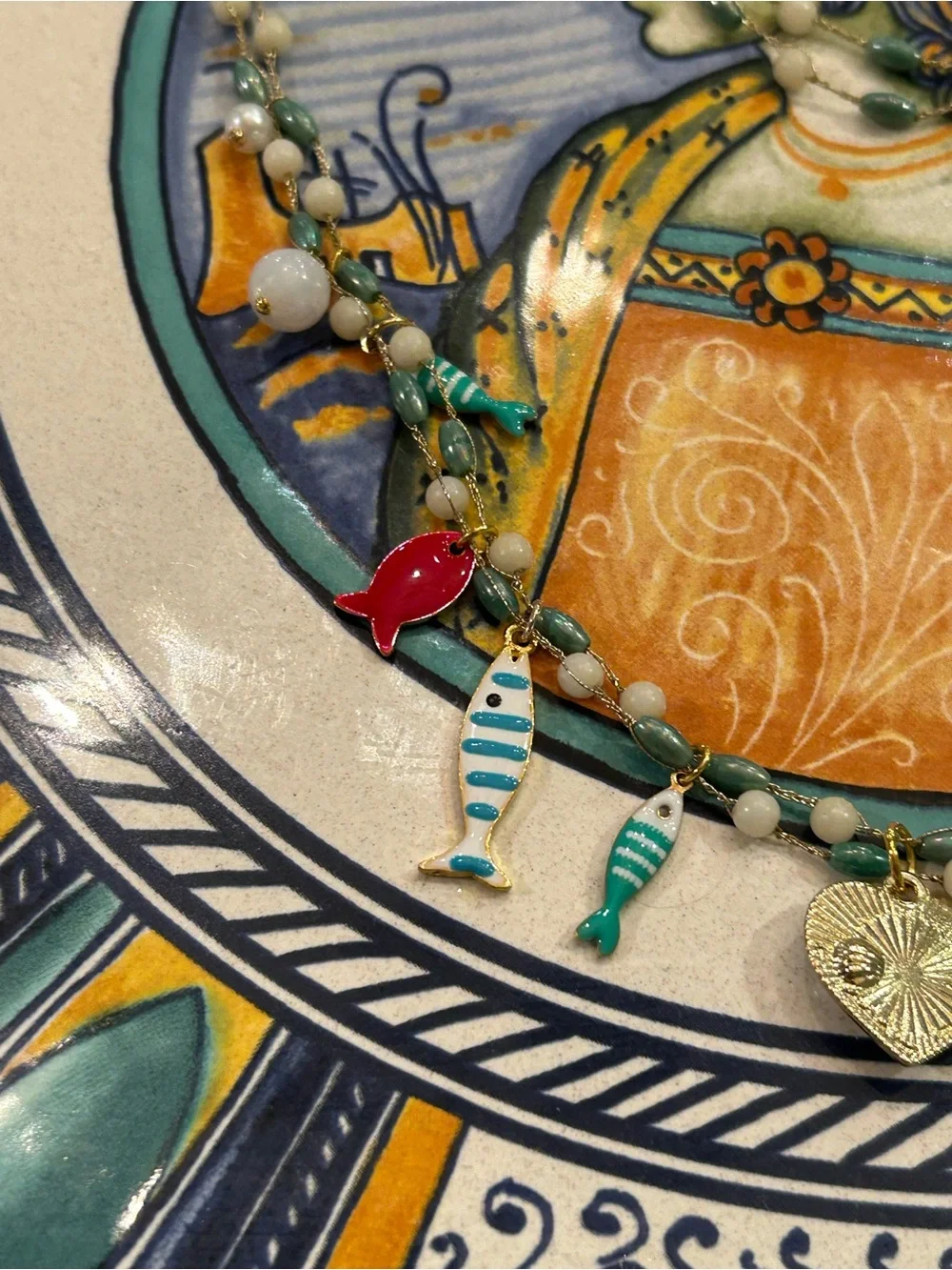 NWOT Necklace “1 Fish, 2 Fish, Red Fish…enamel Sea Life Charms, Aqua white beads